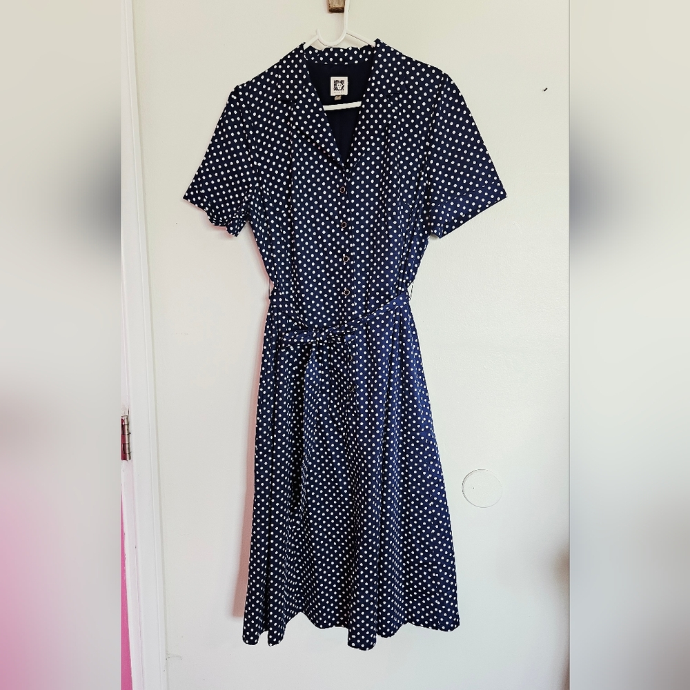 Anne Klein Polka Dot Dress Navy Blue Vintage Size 10